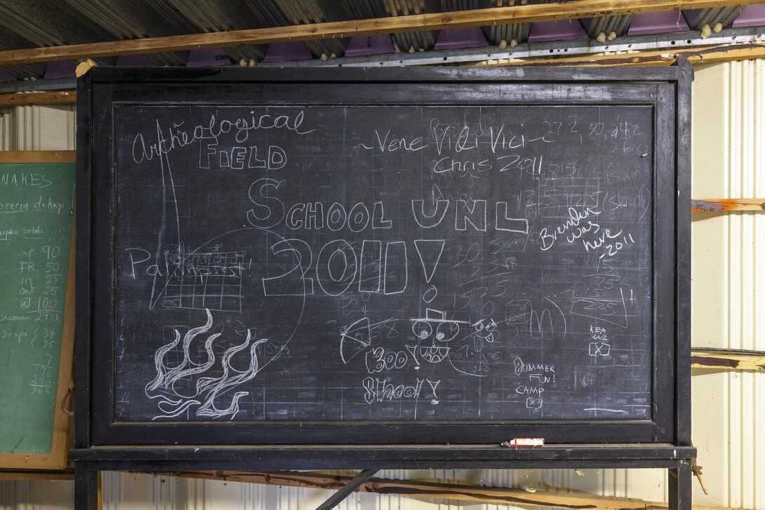 A chalk board was decorated by the last class in 2011 who had a field school at the Reller Prairie Field Station south of Martell, Nebraska.