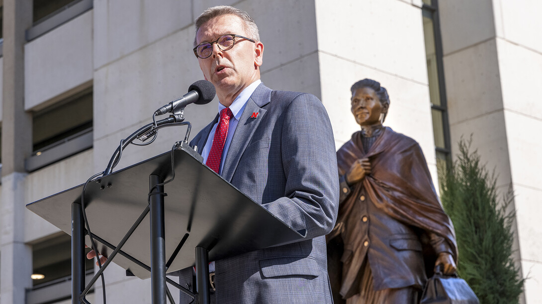 Chancellor Ronnie Green talks about the university’s legacy of being a land-grant institution on land first settled by indigenous peoples as part of an Oct. 11 dedication of a sculpture of Dr. LaFlesche Picotte. Green has been appointed to a blue ribbon panel to investigate how land-grant institutions can help U.S. agriculture overcome new competitive challenges.