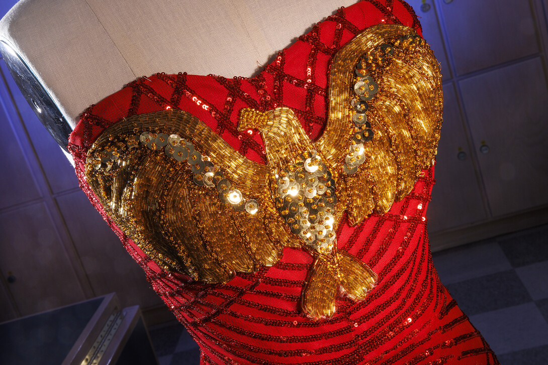Details of her Wonder Woman-inspired dress.