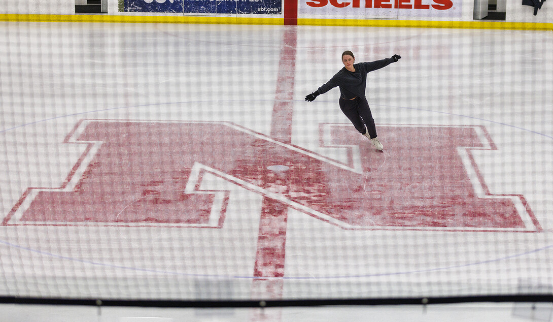 Michaela Andrusko, a senior from Otsego, Minnesota, and president of the University of Nebraska–Lincoln's Figure Skating Club, works out at the Breslow Ice Hockey Center.