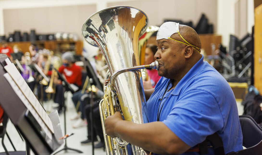 Kabin Thomas is doctoral student in music, specifically tuba performance. He’s able to pursue his doctorate through a fellowship that receives support from Glow Big Red.