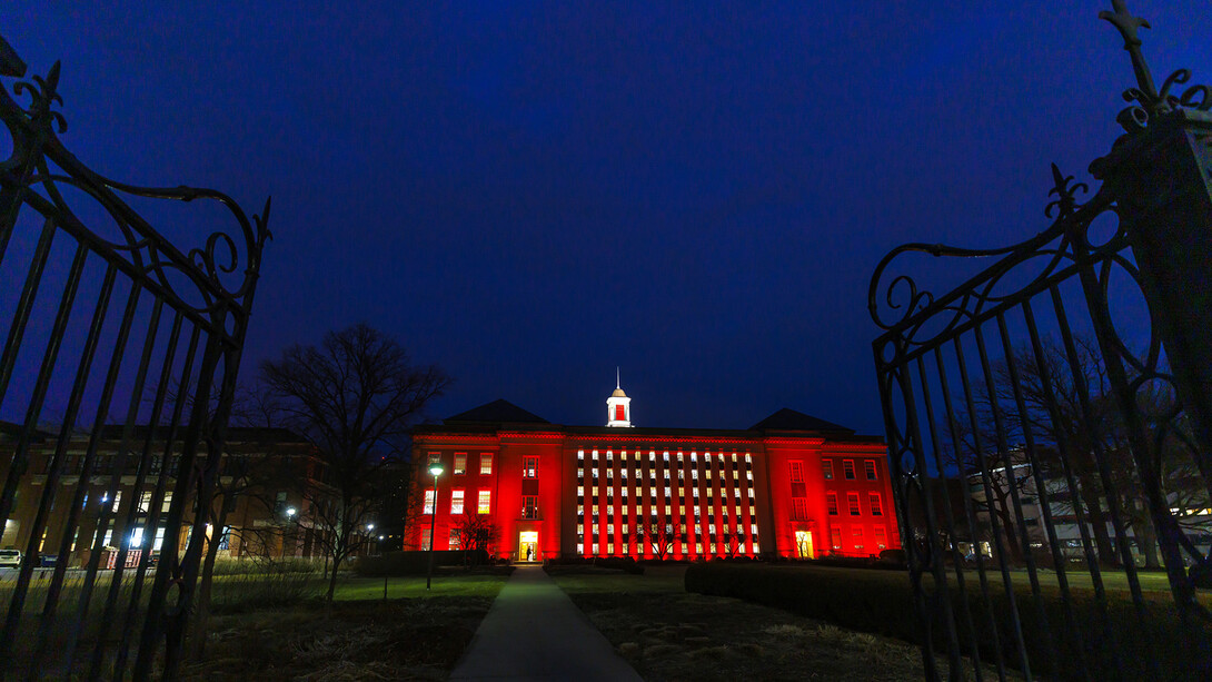 Love Library was lit in celebration of the Glow Big Red event, which was held Feb. 16-17. Organized by the University of Nebraska Foundation, the annual campaign is intended as a way for Huskers to give back to the university.