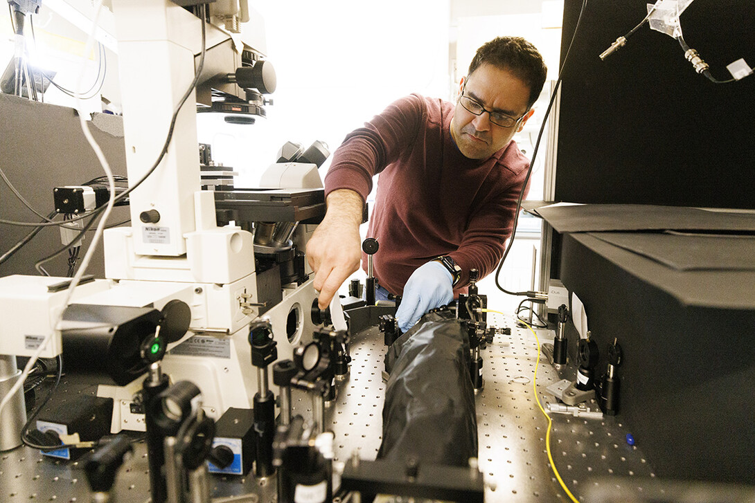 Mohammadjavad Dowran works with diamond quantum sensing microscopes in Abdelghani Laraoui’s lab. 