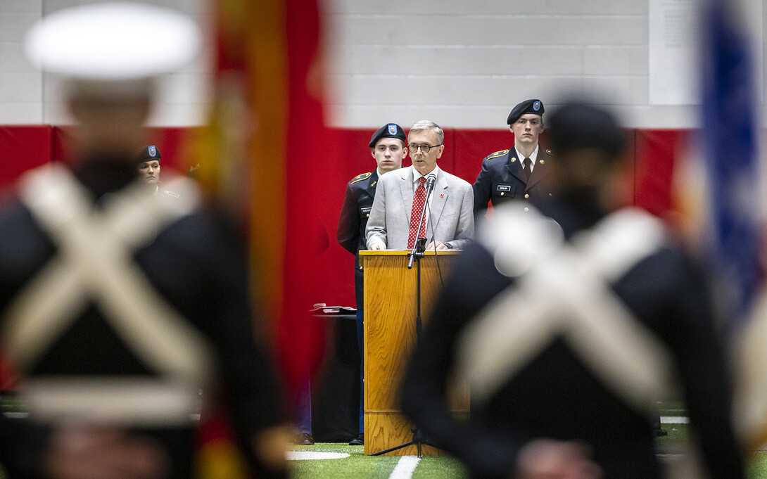 Chancellor Ronnie Green addresses ROTC cadets during the annual review in Cook Pavilion on April 21.