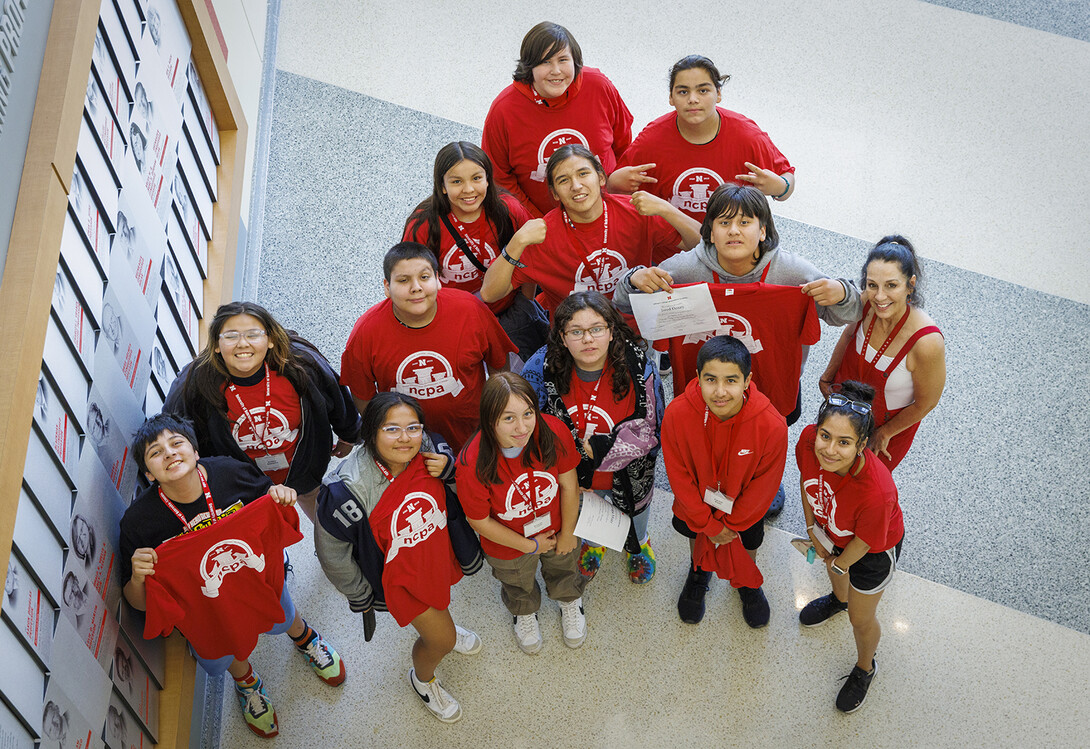 Freshman scholars from Winnebago High School pose for a group photo on June 8. Of the 335 students participating in the camps, 44 are from Winnebago, 99 from Grand Island, and 103 and 89 hail from Omaha South and Omaha North magnet schools, respectively.