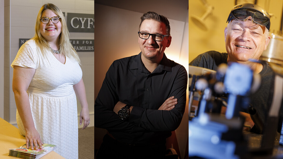 Leaders of research projects that have earned the first Grand Challenges Catalyst awards are (from left) Katie Edwards, Tomas Helikar and Kees Uiterwaal.