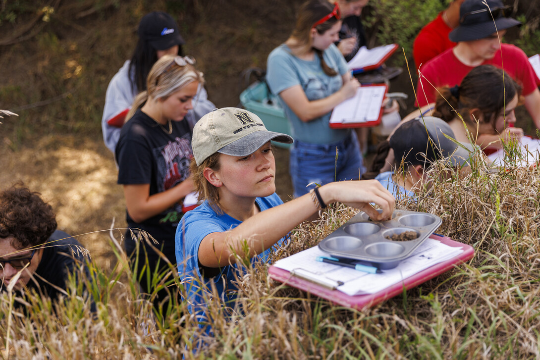 Kennadi Griffis places a sample into a tray for evaluation as she and fellow students in her NRES 279 - Soil Evaluation course work in the east campus soil pit.