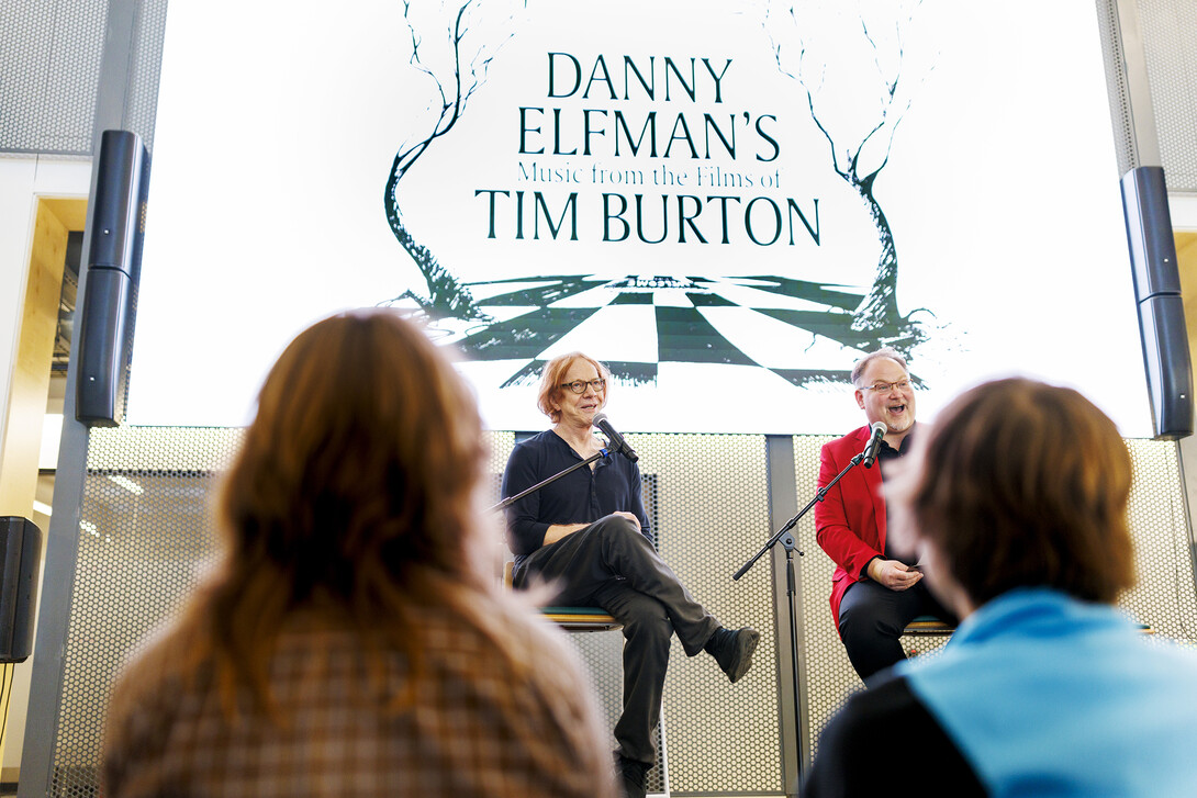 Danny Elfman, in black, talks with the Lied’s Bill Stephan, at the Carson Center for Emerging Media Arts IGNITE talks. October 7, 202