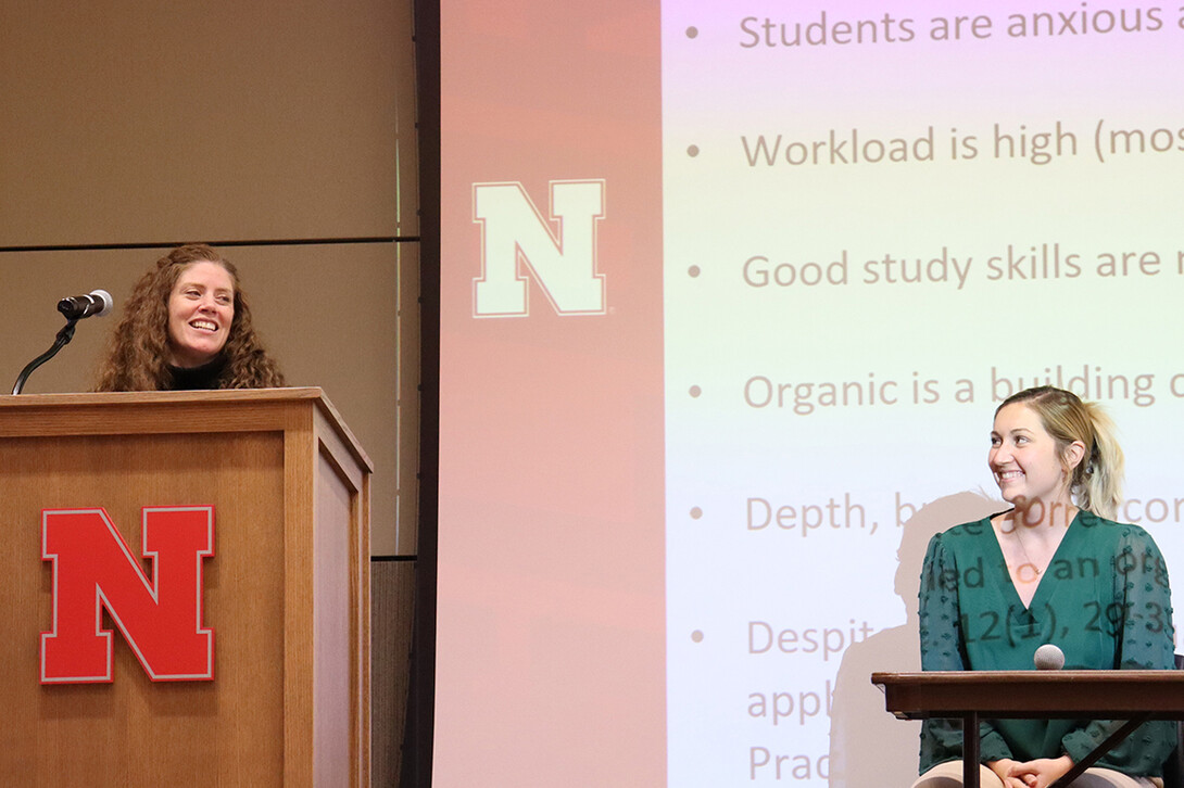 Trisha Vickrey and undergraduate researcher, Kelbie Schnieder, presented findings from Vickrey’s grant-supported investigation into narrowing achievement gaps in Organic Chemistry 251. November 11, 2022. Photo by Molly Mayhew / CTT 