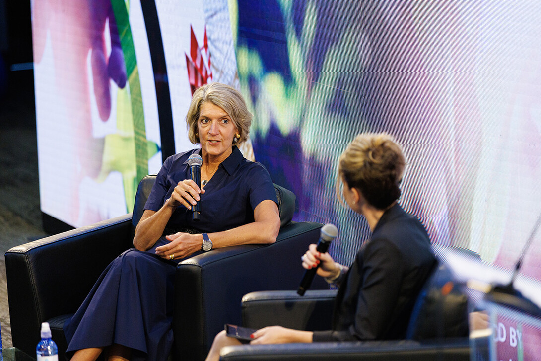 Beth Ford, CEO and President of Land O’ Lakes, engages in a “fireside chat” with CASNR Dean Tiffany Heng-Moss during Monday’s Heuermann’s Lecture. 