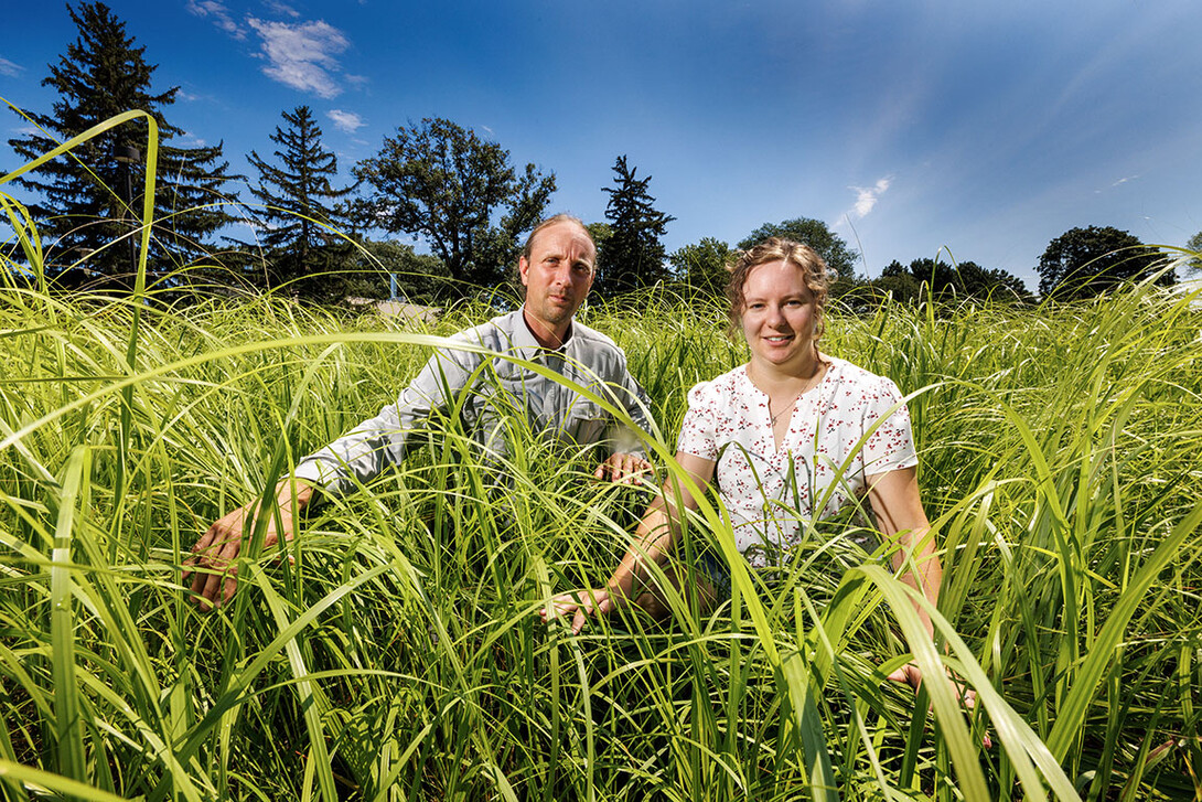 Brad Kindler and Sarah Buckley are part of projects to install native plants around the state through the Nebraska Statewide Arboretum. They stand in the east campus prairie surrounded by little bluestem and switchgrass.