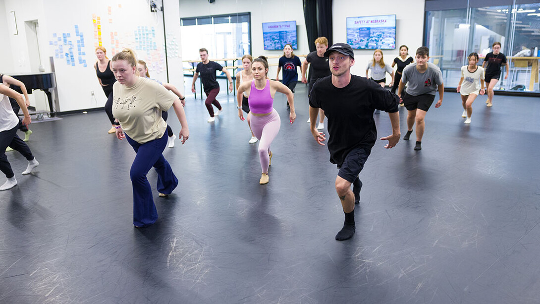 Devin Tyler Hatch, dance captain and swing for the "Hamilton" touring company, leads a master class for dance students in the Carson Center for Emerging Media Arts.