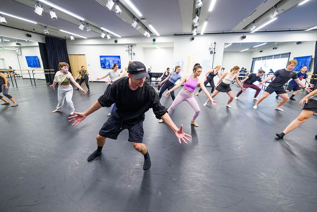 Devin Tyler Hatch, dance captain and swing for the Hamilton touring company, leads a master class for dance students.