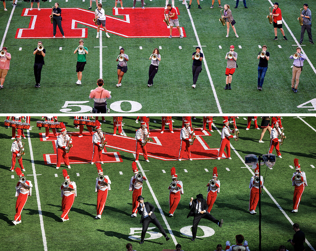 The halftime show Sept. 23 honored the music of the Blues Brothers. The early morning practices of the choregraphy and music rise to a crescendo on Saturday.