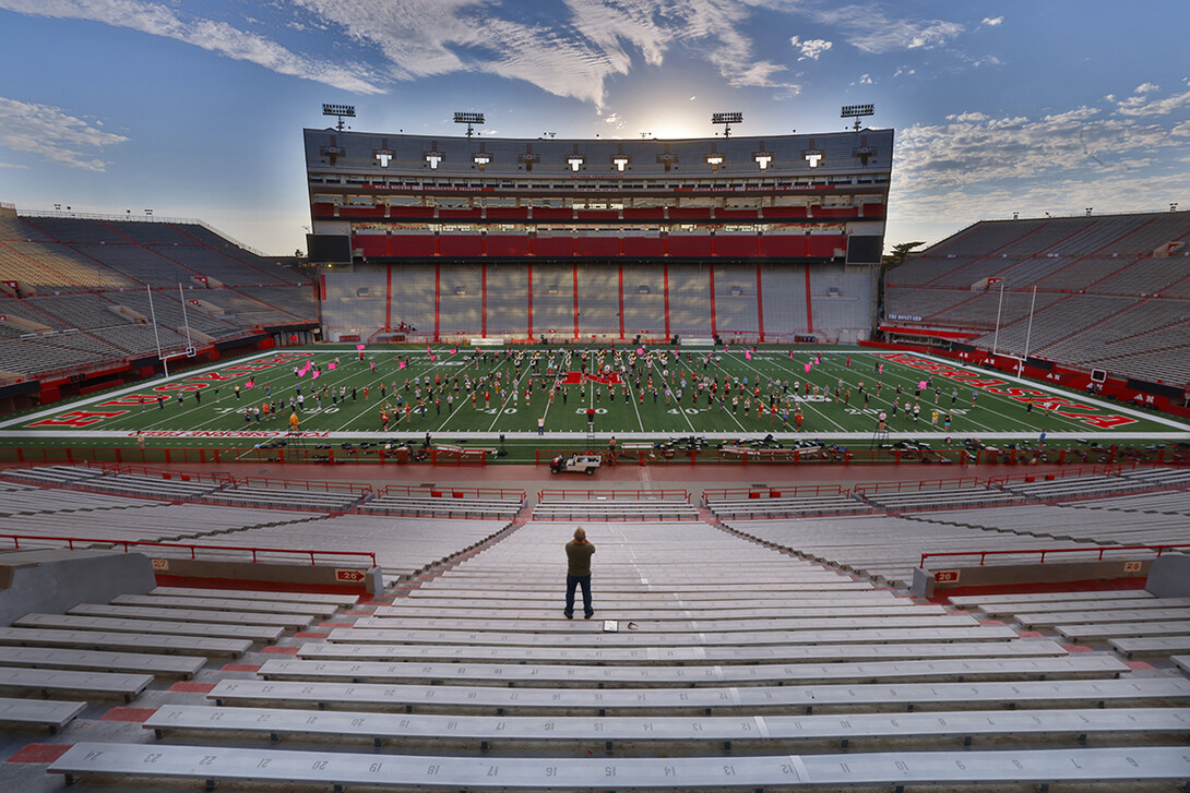 Doug Bush, assistant director of bands, directs the Tuesday morning rehearsal.