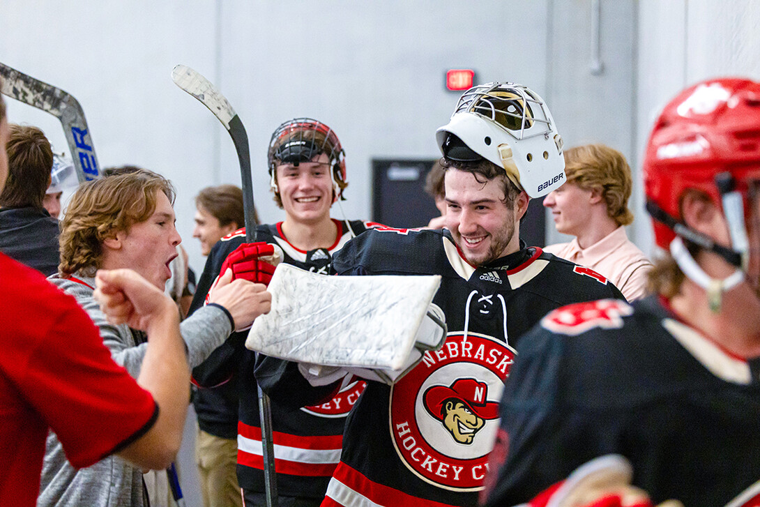 Goalie Liam Scott celebrates the win over Dallas Baptist University.