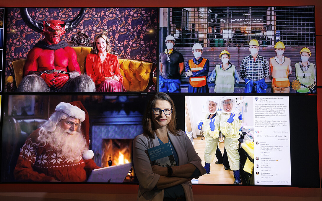 Frauke Hachtmann, professor in advertising, has published her research on Complex Crisis Response Advertising using examples of COVID-19 advertising, as seen on the video screens in the CoJMC production studio.