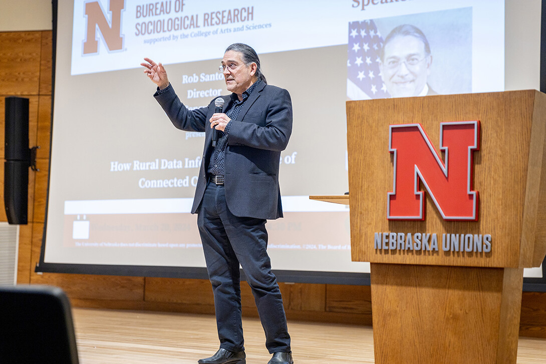 Robert Santos, director of the U.S. Census Bureau, delivers a lecture in the Swanson Auditorium of Nebraska Union.