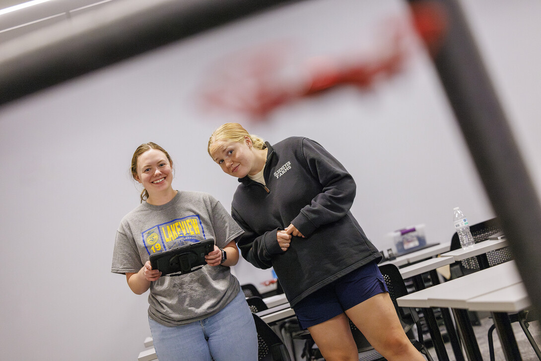 Rebecca Wulf who just graduated in agriculture education who will teach this fall at Lakeview Community Schools near Columbus, and Taryn Miller, a senior in agriculture education from Amherst, Nebraska, fly a drone through an obstacle course at Nebraska Innovation Studio. The two are taking the class at Nebraska Innovation Studio to get their FAA license to fly UAVs.