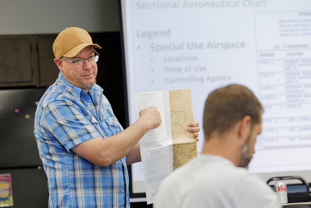 Dirk Charlson goes over a sectional aeronautical chart to students in his UAV pilot class. Charlson, associate Extension educator for digital agriculture, teaches the requirements to obtain a P107 FAA drone pilot license to a group at the Gage County Extension Office in Beatrice.