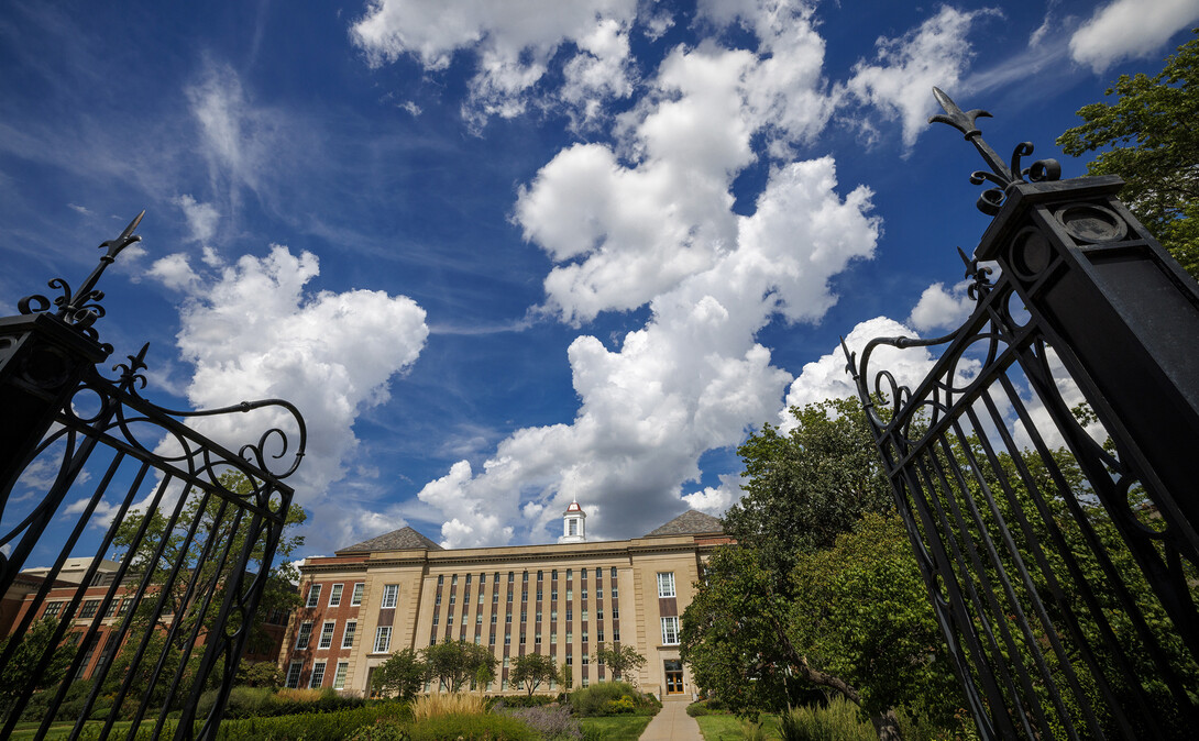 Clouds drift overhead of Love Library. 