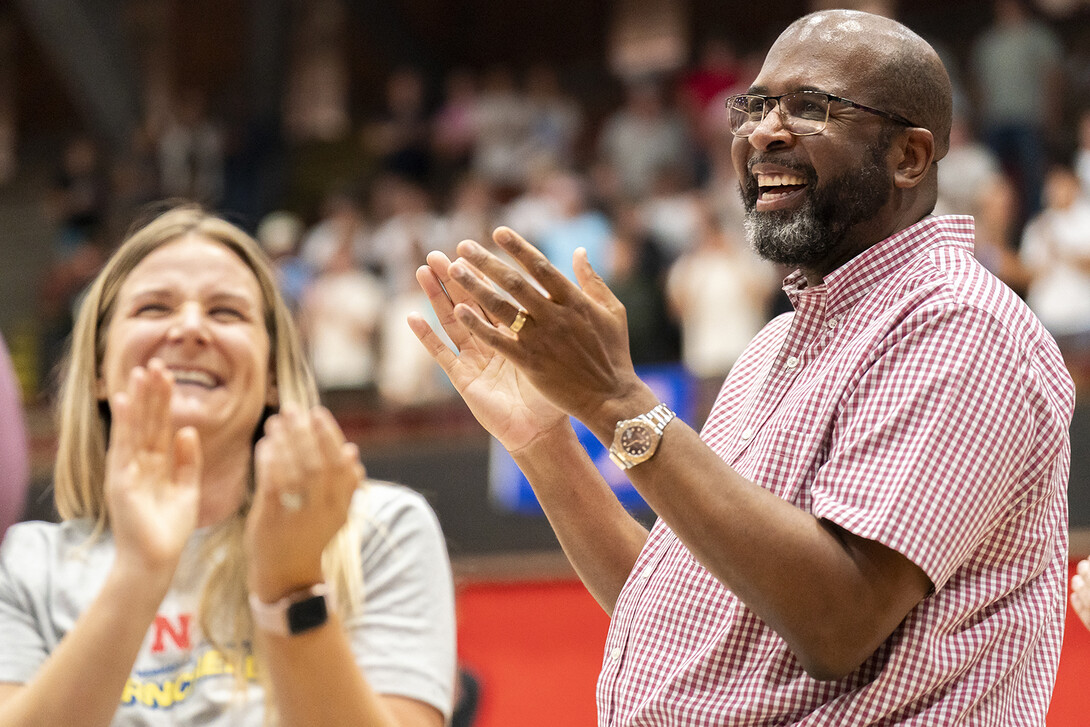 Chancellor Rodney D. Bennett (right) and Hollie Swanson laugh as the judge they helped judge the 2024 homecoming Showtime competition on Sept. 30.