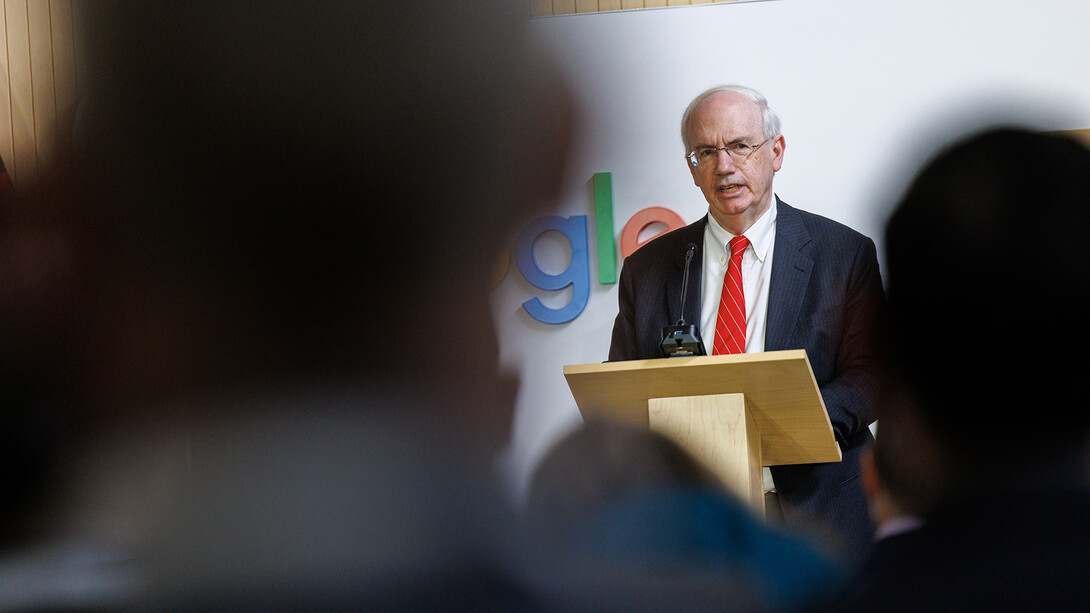 Dr. Jeffrey P. Gold, president of the University of Nebraska system, talks at a podium during the Nov. 25 announcement with Google at Nebraska Innovation Campus.