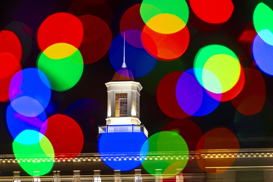 The Love Library cupola is surrounded by holiday lights in this in-camera multiple exposure. 