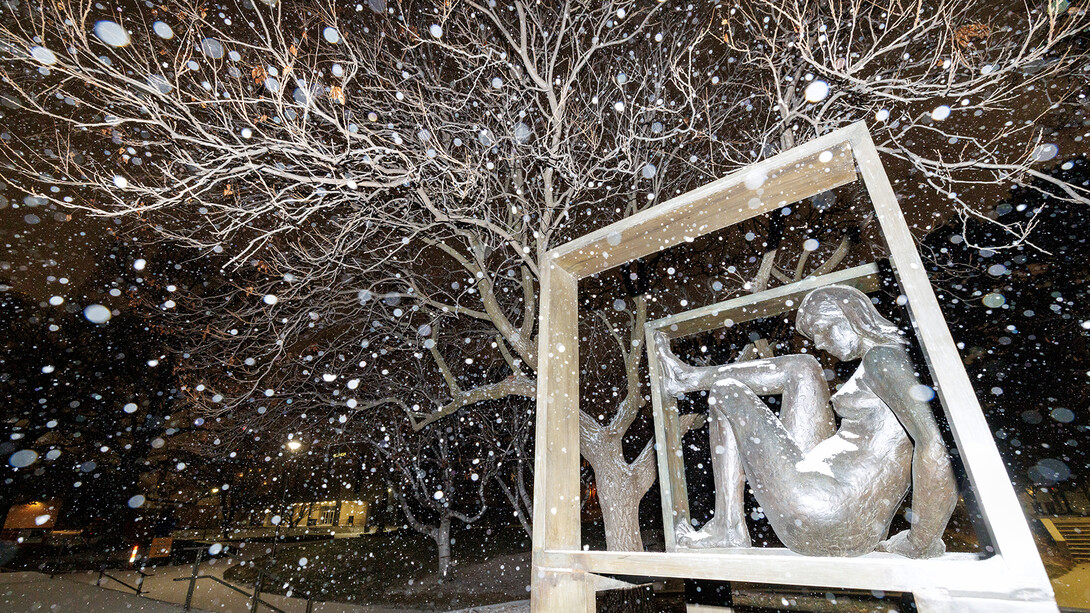 Snow gently falls, blanketing the "SANDY: In Defined Space" sculpture located on the south side of Woods Art Building, on the evening of Jan. 4.