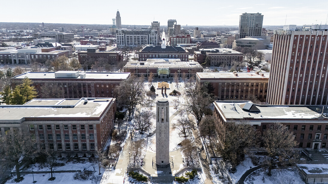 Aerial view of campus after a Jan. 4, 2025 snowfall.