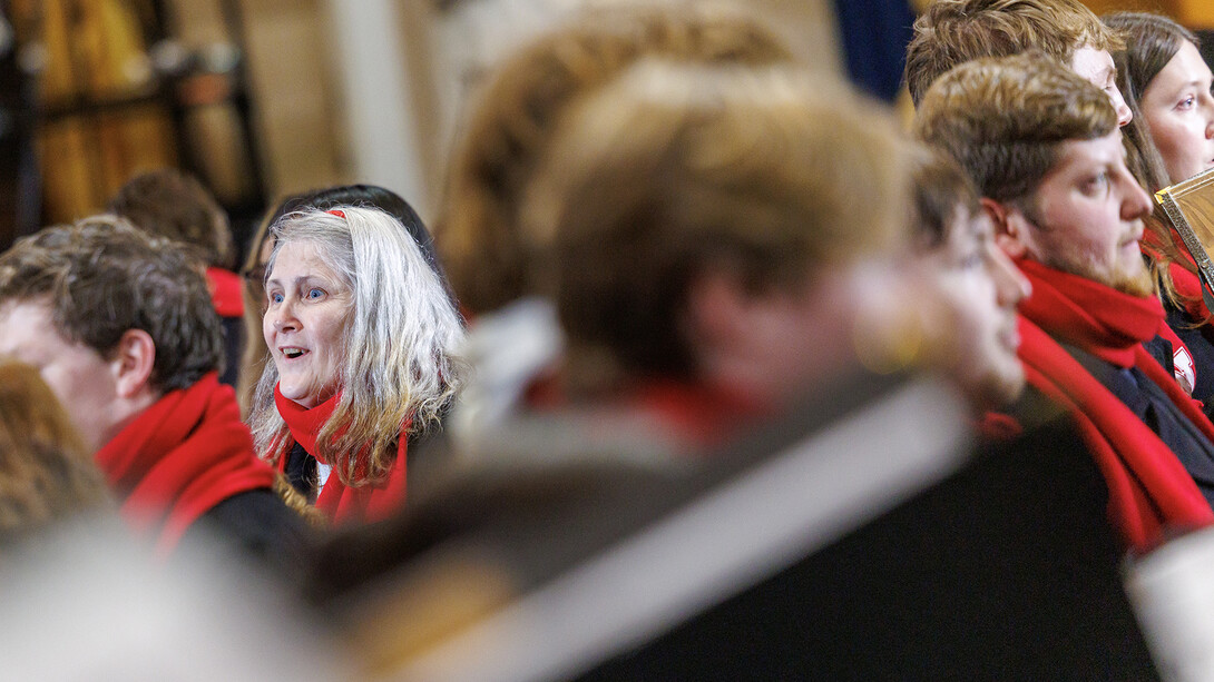 Ramiel Christensen, left, senior in vocal performance, sings "One Voice" during the UNL Choirs’ rehearsal inside the United States Capitol rotunda.