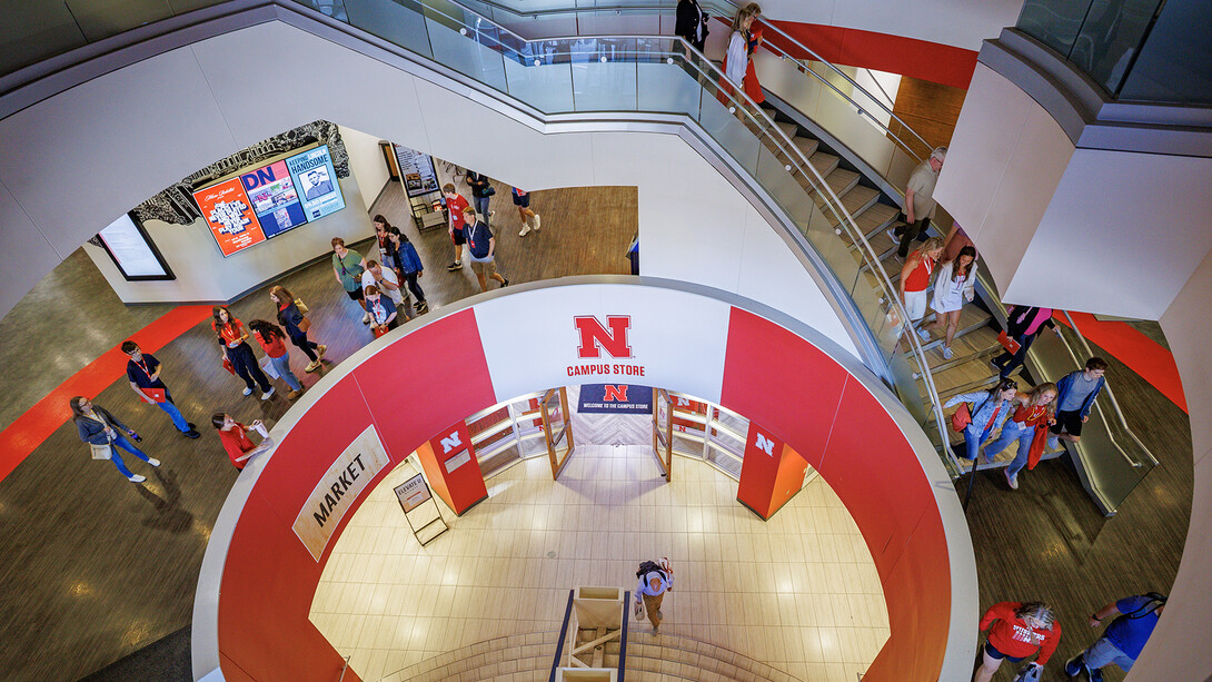 High angle view of the Nebraska Union stairwell during a Red Letter Day.