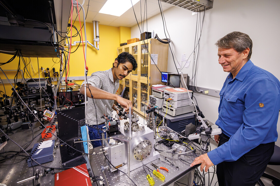 Herman Batelaan and student in his Jorgensen Hall lab.