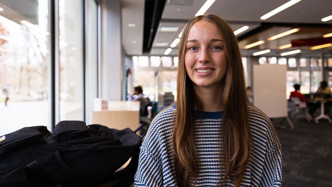 Kristin Wordekemper poses for a photo in the Adele Learning Commons. Wordekemper is one of 86 volunteer ambassadors, UNL students who volunteer consistently for 1-2 hours per week at a Lincoln nonprofit. Since joining this semester, Wordekemper has volunteered weekly at Bryan Health, an experience that has affirmed her decision to become a physician's assistant.