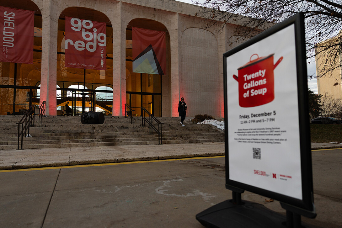 A sign is placed outside Sheldon Museum of Art, which was hosting the 20 Gallons of Soup event Dec. 5, 2025.