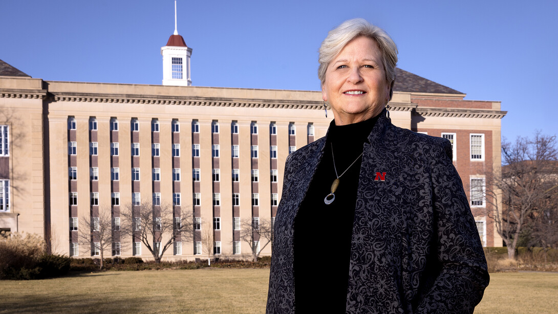 Katherine S. Ankerson, UNL's 22nd chancellor, standing outside Love Library.