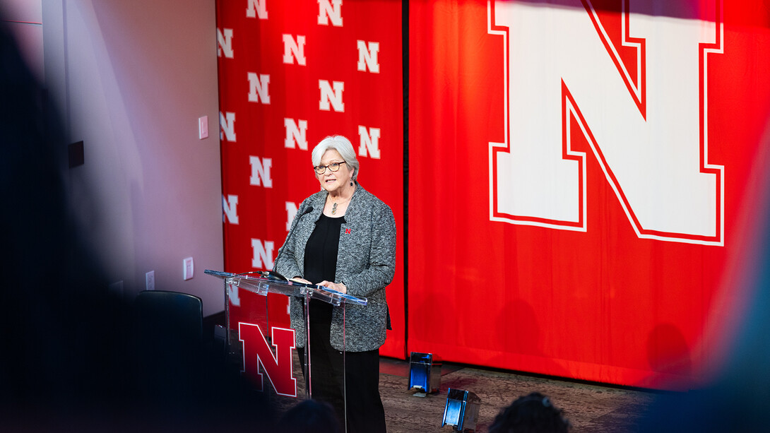 Interim Chancellor Katherine S. Ankerson addresses faculty, staff and students during the Charter Day celebration on Feb. 14 at Nebraska Innovation Campus.
