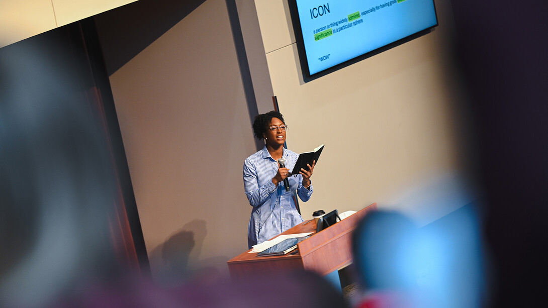 Jewel Rodgers talks at the podium during the Women Lead event.