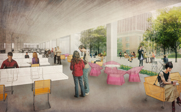 A concept drawing of the interior of the library commons project proposed for the first floor of Love Library North.