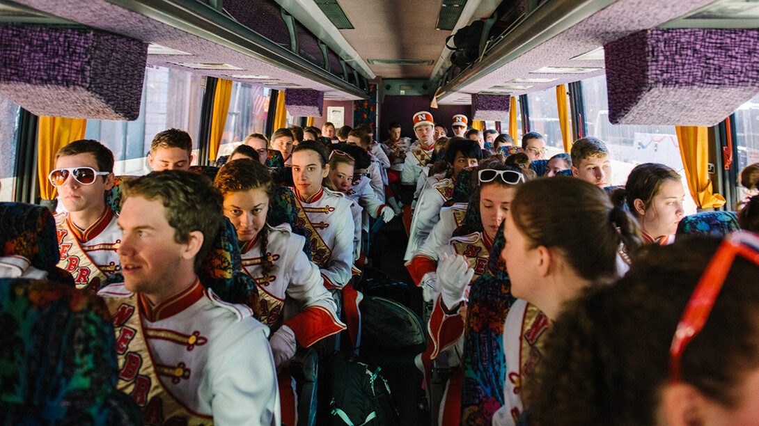 Members of the Cornhusker Marching Band travel via bus as part of the Music City Bowl festivities in December.