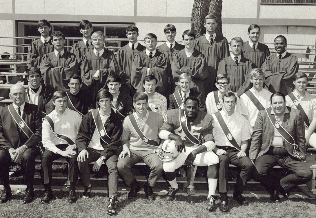 Innocents Society members, including Richard Davis, a Husker running back who played in the National Football League, pose in this image from 1968. Davis, a graduate of Omaha North High School, was drafted by the Cleveland Browns in the 12th round of the 1969 NFL draft. He played a single season in the NFL with the Denver Broncos and New Orleans Saints.