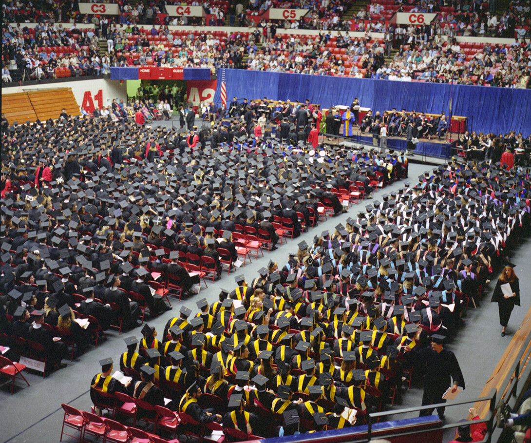 The Bob Devaney Sports Center served as home to Nebraska commencement exercises for a number of years. A doctoral ceremony is pictured here.