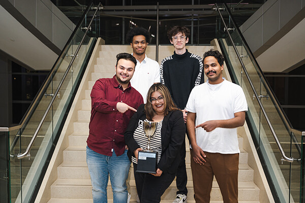 The winning team included (from left) Abdullah Al Musharfi, senior marketing major from Muscat, Oman; Vanessa Cruz-Alatriste, senior advertising and public relations major from Lincoln; Cameron King, junior advertising and public relations major from Omaha, Nebraska; Sam Lawton, junior emerging media arts major from Blair, Nebraska; Deya Mohamed, junior supply chain management major from Khartoum, Sudan