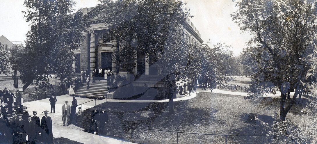 Nebraska's first Administration Building opened in 1905. Designed by Thomas Kimball, the building was demolished in 1963. It was located in the sculpture garden southwest of Sheldon Museum of Art.