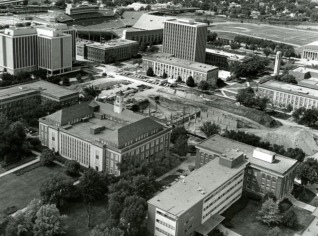 Aerial view of the Love Library North construction project in 1973. The expansion project opened in 1975. Buildings in the foreground (from left to right) are College of Business Administration, Love Library and Canfield Administration Building. This image is included in Kay Logan-Peters' new book, "University of Nebraska–Lincoln."