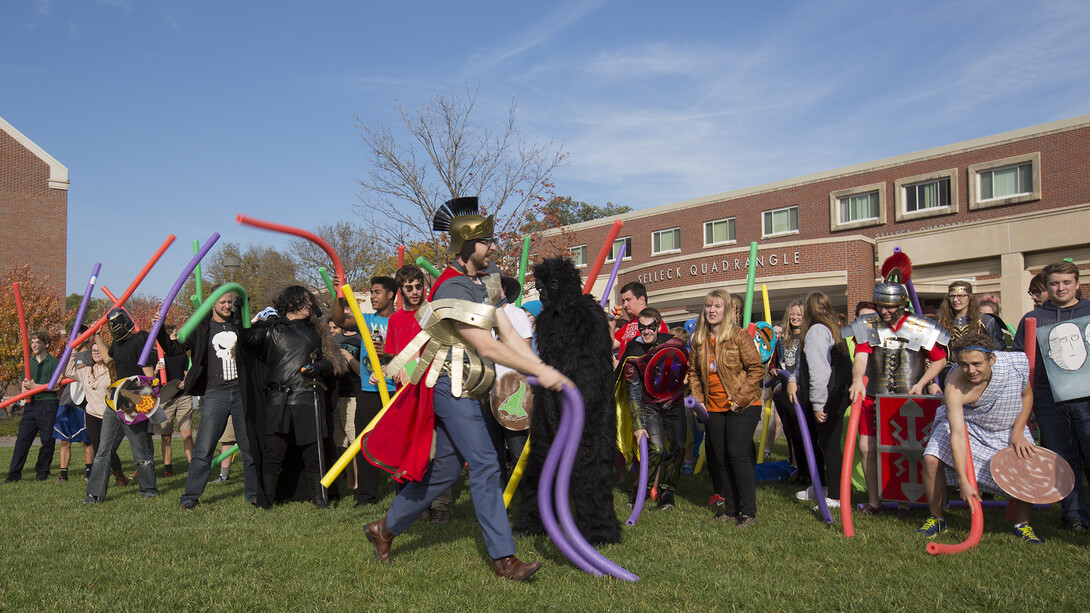 Hippias, played by Matthew Loar, assistant professor of classics and religious studies, rallies the Persian army prior to the start of the Battle of Marathon reenactment on Oct. 31.