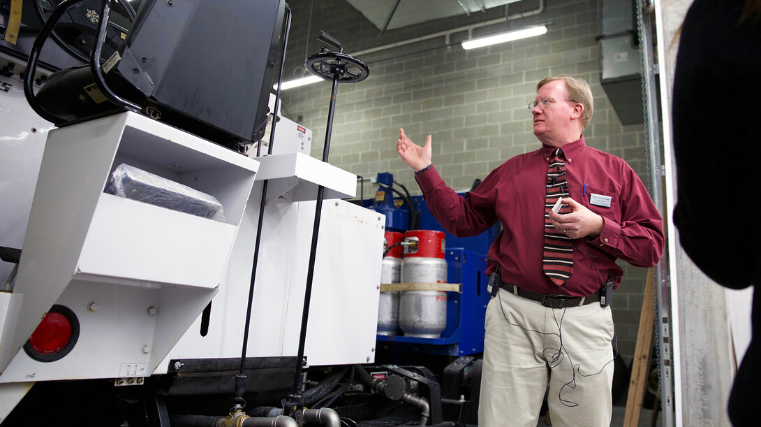 Glen Danischewski, vice president for Rink Management Services Corporation, talks about the electric Zamboni used on the ice in UNL's new John Breslow Ice Hockey Center. Rink Management Services was hired by UNL to manage the ice center.