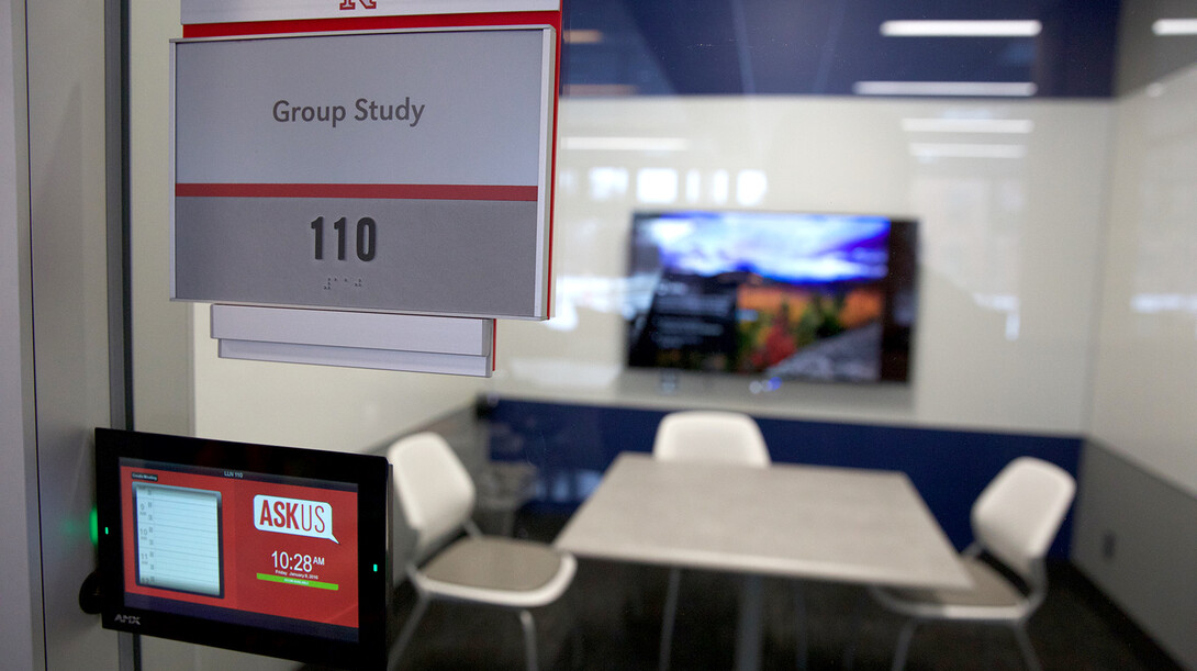 The Learning Commons at Love Library includes 18 study rooms, like this one, that can be reserved by library users