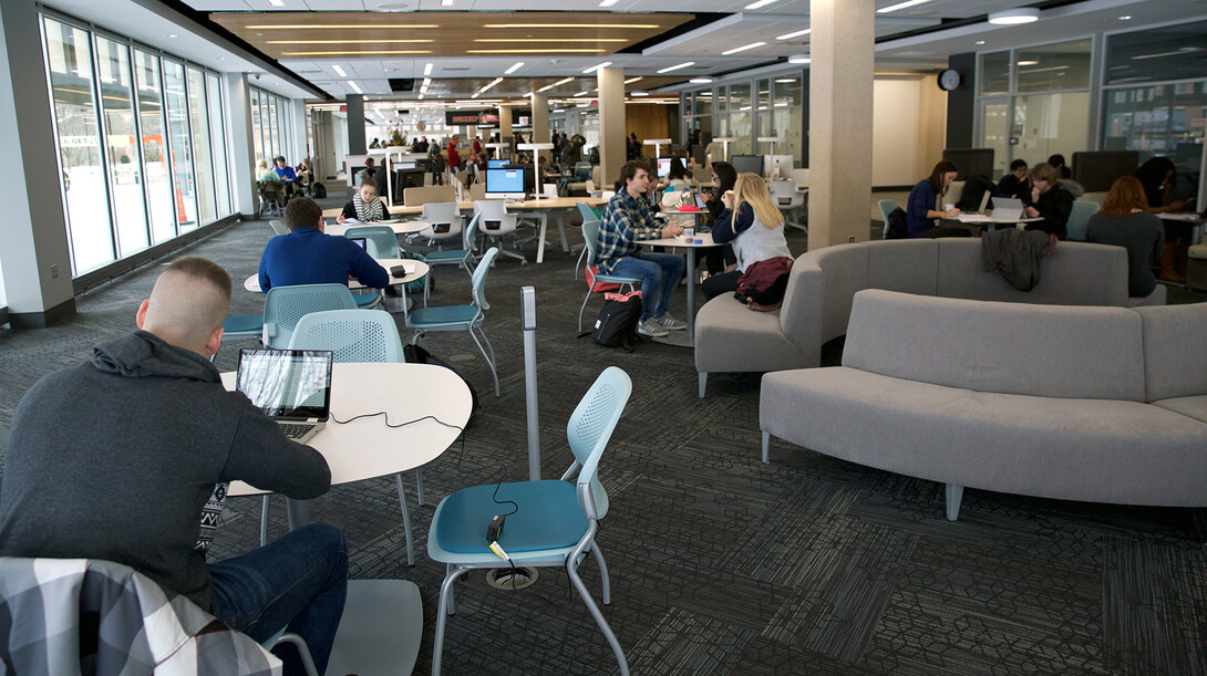 UNL students, faculty and staff settle into the Adele Hall Learning Commons at Love Library during the first day of the spring semester on Jan. 11. The new space includes 18 study rooms that can be reserved by library users. The $10 million, 30,000-square-foot academic hub on the first floor of Love Library North is open 24 hours a day.