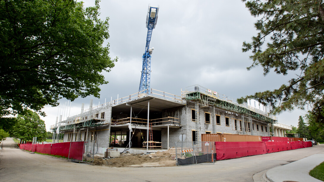 Construction continues on the new residence hall on UNL's East Campus. The building, which will replace Burr and Fedde halls, is scheduled to open for fall 2017.